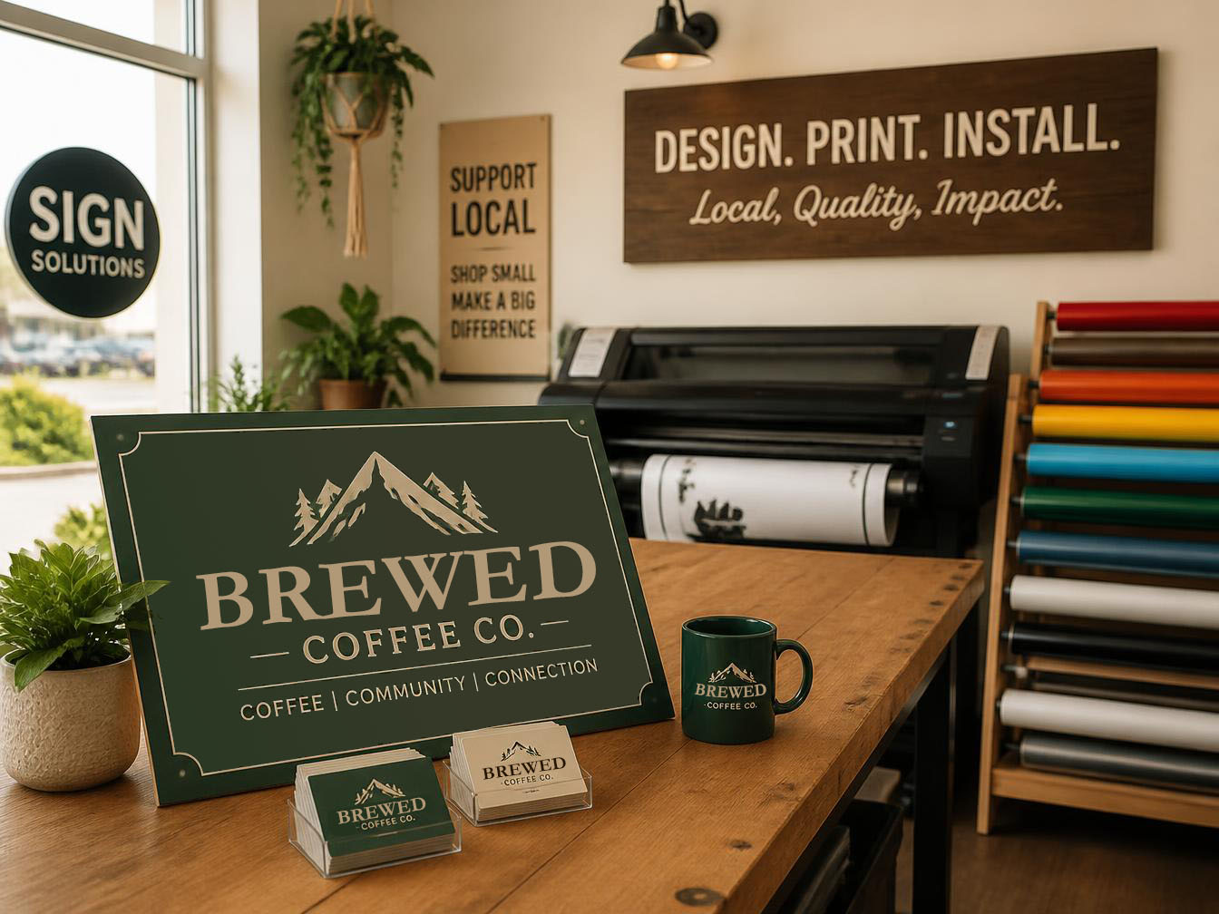 Wilkinson Printing and Signs shop interior showing large format printer, vinyl rolls, and finished sign and business card samples