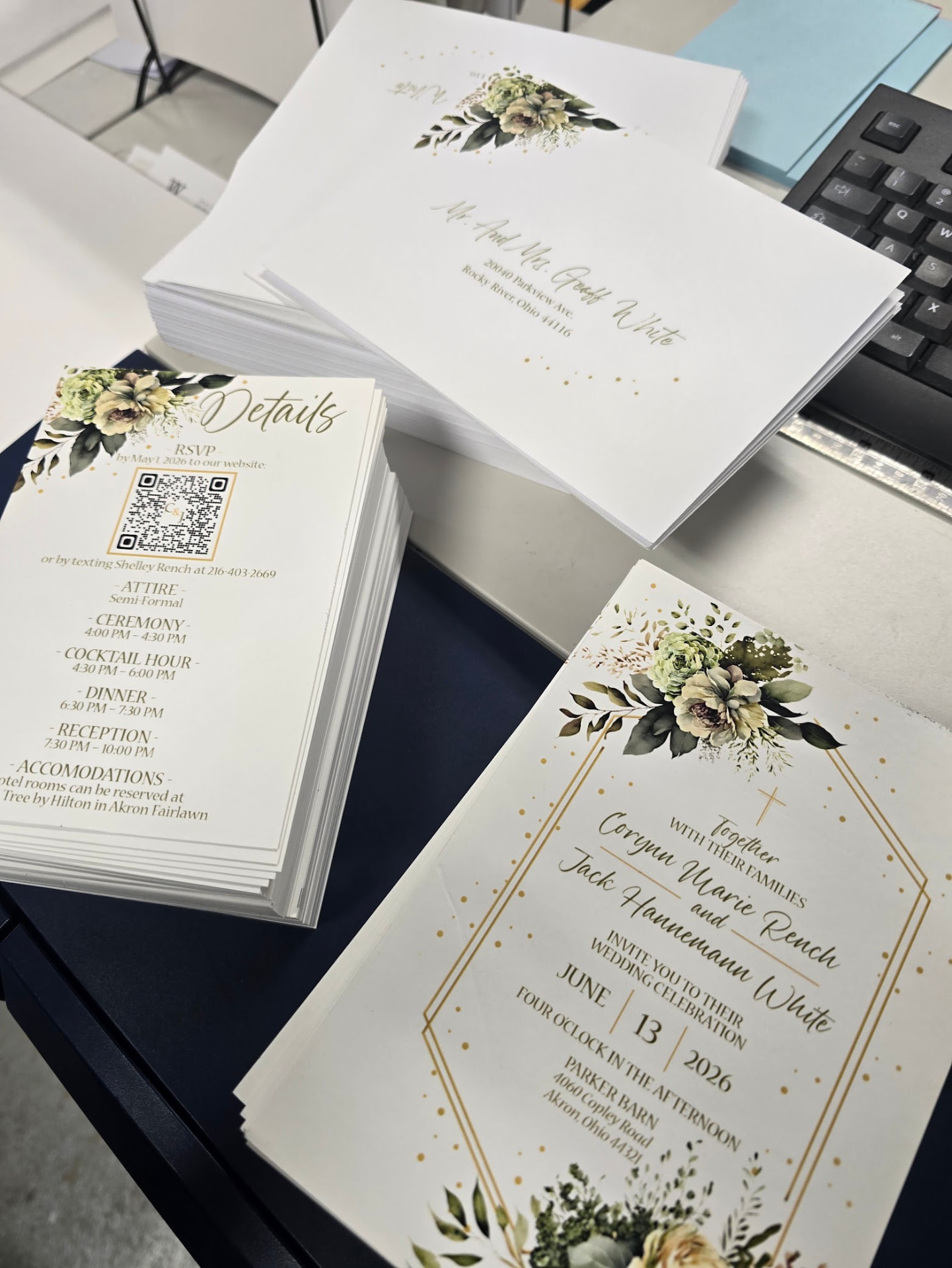 Custom printed wedding invitations, detail cards and addressed envelopes